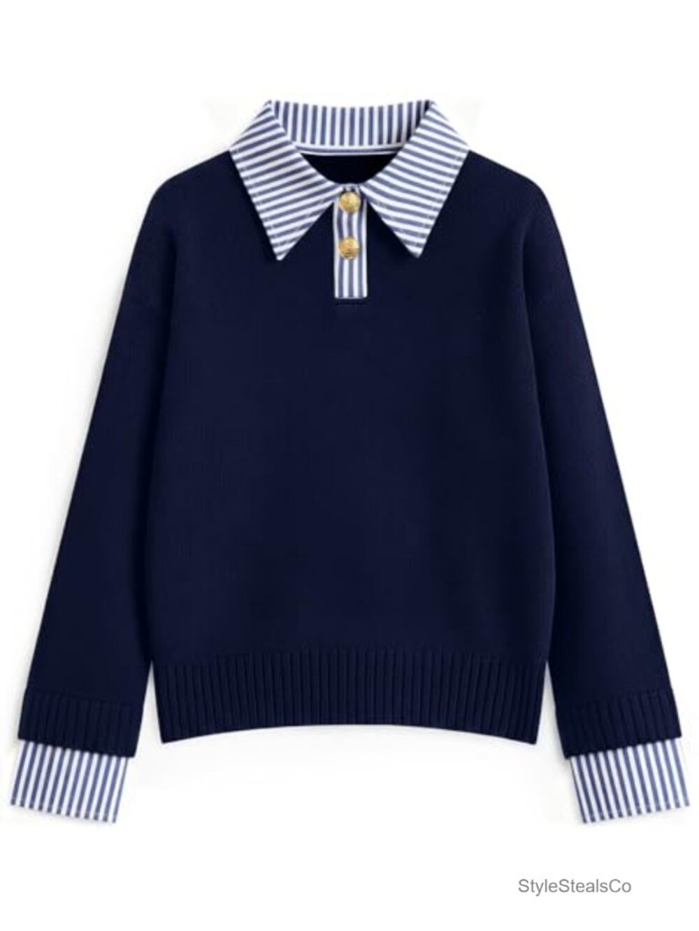 Oversized Knit Polo Sweater Denim Collar Cuffs Pullover Women Cozy Fall